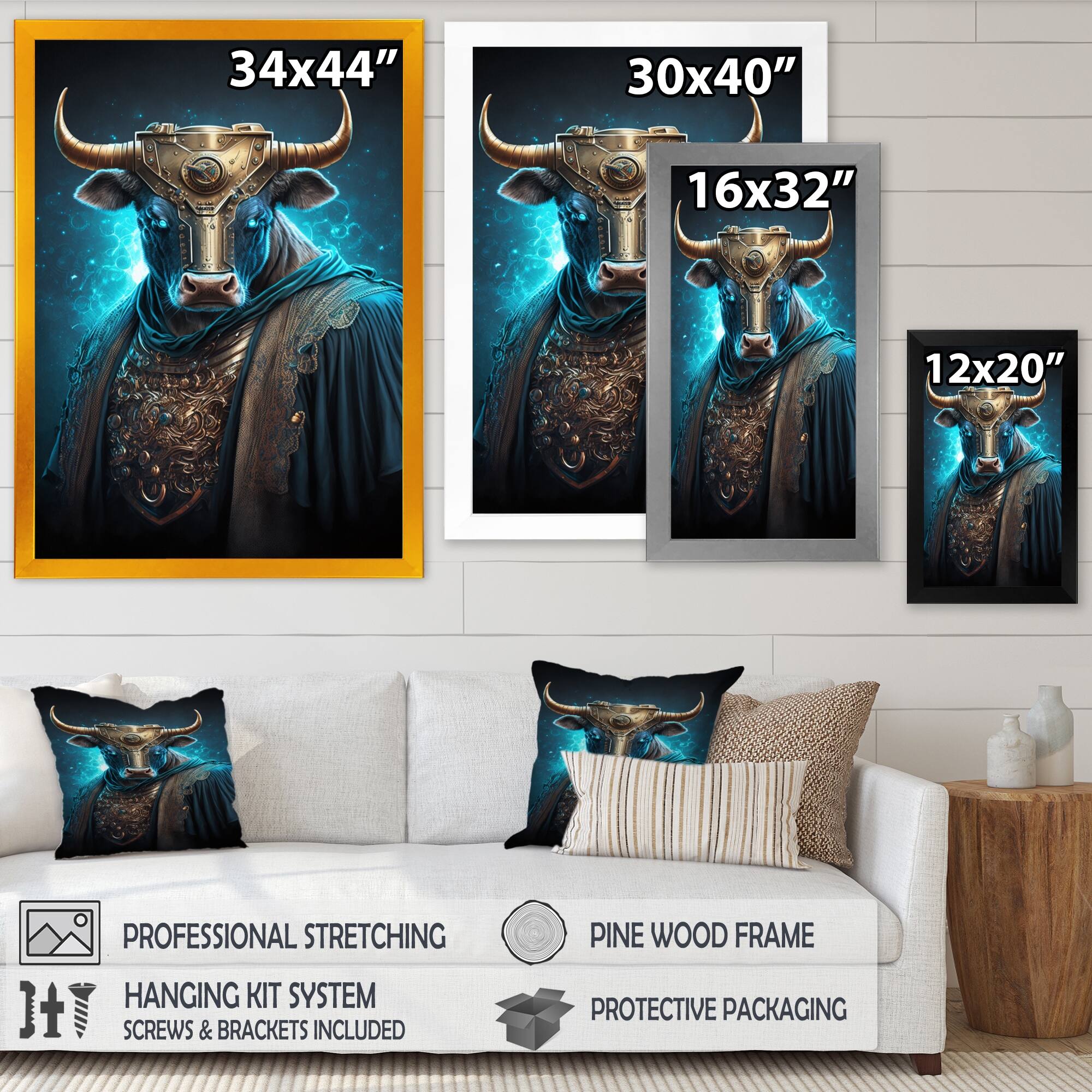 Designart "Futuristic Bull" Animals Bull Framed Art Print Bed Bath